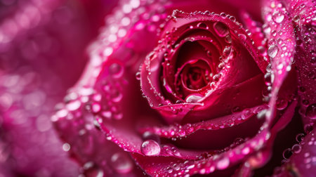 Close-up of raindrops cascading down the lush petals of a magenta rose, creating a mesmerizing display of nature's graceの素材