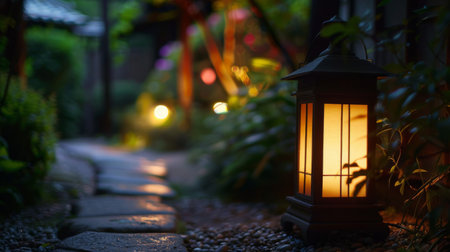Close-up of a traditional lantern illuminating a dark garden path, guiding the way with its soft and gentle lightの素材