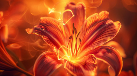 Close-up of a single fire flower, its radiant glow capturing the beauty and warmth of a flickering flameの素材