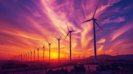 The sun setting behind a row of wind turbines, with the sky streaked in shades of orange and purpleの素材