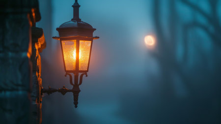 Close-up of a vintage gas lamp glowing softly on a foggy evening, adding a touch of mystery to the urban landscapeの素材