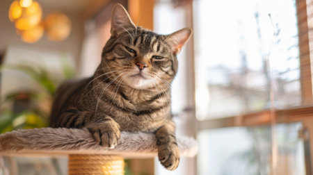 A cheerful, chubby cat perched on a cat tree, looking down with a big smile in a brightly lit roomの素材