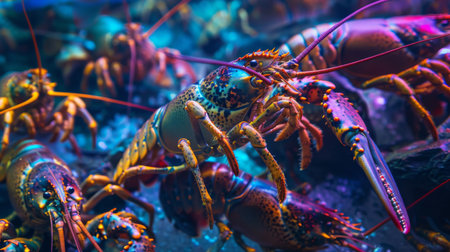 Close-up of live lobsters in a seafood market tank, their vibrant colors and distinctive claws enticing customers to purchase.の素材