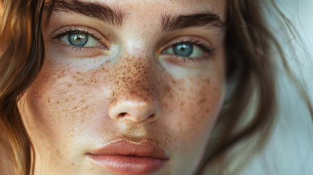 A close-up of a woman's face with acne-prone skin, showcasing skincare products for blemish-free and clear complexionの素材