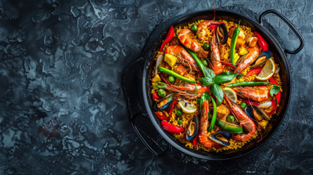A beautifully arranged Spanish paella with saffron rice, seafood, chicken, and vibrant vegetables, served in a traditional paella panの素材