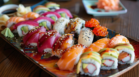 A colorful sushi platter featuring various types of nigiri and rolls, with soy sauce, wasabi, and pickled ginger on the sideの素材