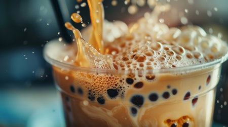 A close-up of a straw piercing through a layer of foam into a cup of creamy bubble milk tea, ready to be enjoyedの素材