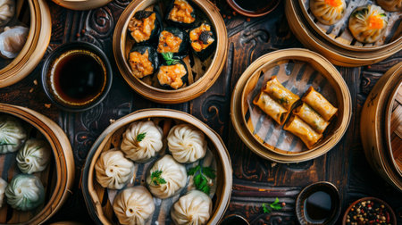 A classic Chinese dim sum spread with a variety of steamed dumplings, buns, and rolls served in bamboo steamersの素材