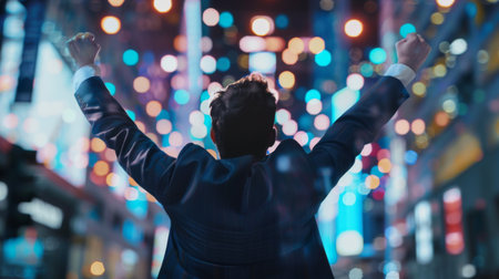 A businessman celebrating successful stock market trades, symbolizing profitable investments and financial gainsの素材