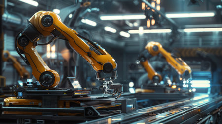 A futuristic industrial facility with robotic arms and automation technology, depicting advancements in global manufacturingの素材