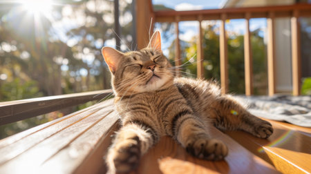 A happy, chubby cat stretching out on a sunny balcony, looking relaxed and content with a big smileの素材