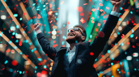 A businessman celebrating successful stock market trades, symbolizing profitable investments and financial gainsの素材