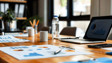 A conference room table with documents and laptops showing various business graphs and charts, representing strategic planningの素材