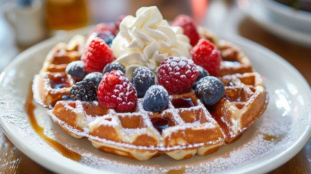 A decadent Belgian waffle topped with fresh berries, whipped cream, and a drizzle of maple syrupの素材
