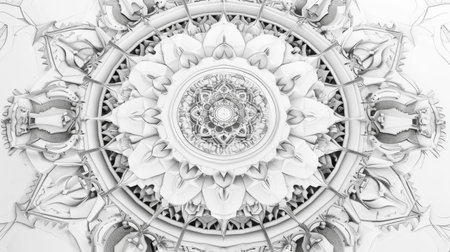 A detailed line drawing of an intricate mandala with symmetrical patterns and geometric shapes, radiating from the centerの素材