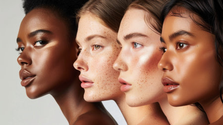 A diverse group of women with different skin tones and types, celebrating beauty and diversity in facial skinの素材
