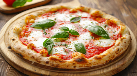 A delightful Italian pizza margherita with a thin crust, fresh tomato sauce, mozzarella cheese, and basil leavesの素材