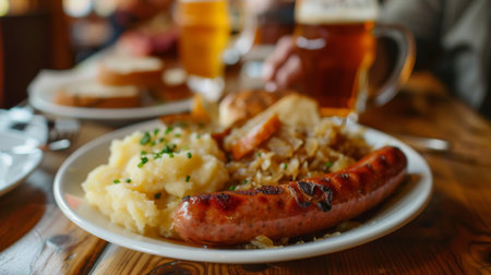 A hearty plate of German sausages, sauerkraut, and mashed potatoes, accompanied by a cold glass of beerの素材