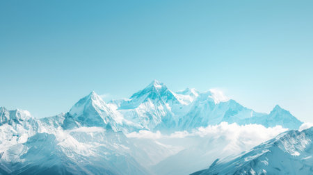 A serene mountain landscape background with snow-capped peaks and a clear blue sky, perfect for adventure and travel themesの素材