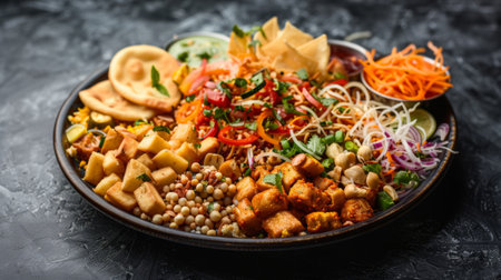 A plate of spicy and tangy chaat snacks, including bhel puri, pani puri, and sev puri, served with crunchy toppingsの素材