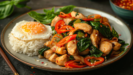 A plate of spicy Thai basil chicken stir-fry, or pad kra pao, served with jasmine rice and a fried egg on topの素材