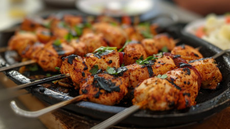 A platter of flavorful chicken tikka skewers, marinated in yogurt and spices, grilled to perfection in a tandoor ovenの素材