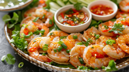 A platter of banh khot, mini savory pancakes topped with shrimp and green onions, served with fresh lettuce and dipping sauceの素材
