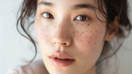 A portrait of a woman with sensitive skin, showcasing gentle skincare products for calm and nourished complexionの素材