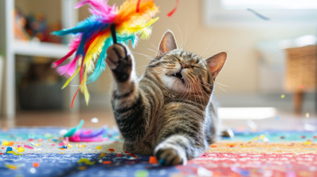 A plump cat grinning as it plays with a colorful feather toy in a bright and cheerful playroomの素材