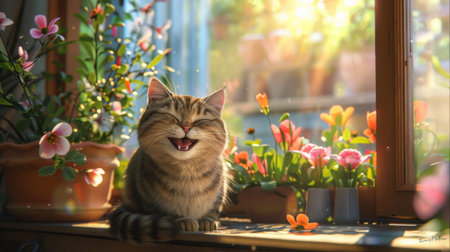 A plump cat with a happy smile, sitting on a windowsill with a beautiful garden view in the backgroundの素材