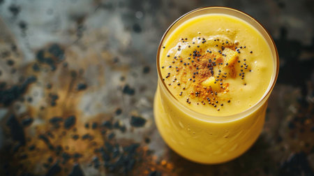 A refreshing glass of mango lassi, a popular Indian yogurt-based drink, served chilled and garnished with a sprinkle of cardamomの素材