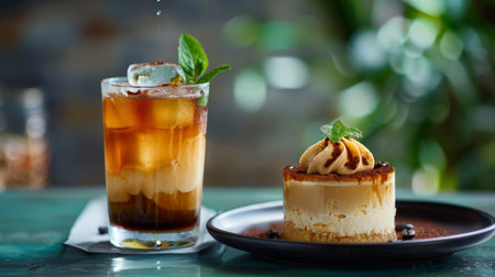 A refreshing glass of Vietnamese iced coffee with condensed milk, served over ice, alongside a traditional dessertの素材