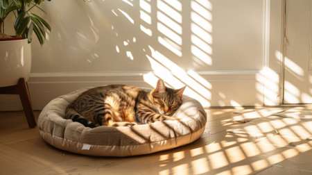 A serene cat napping in a sunbeam on a plush cat bed in a chic, minimalist living room with white walls and wooden floorsの素材