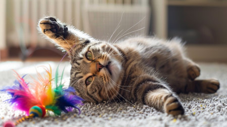 A plump cat grinning as it plays with a colorful feather toy in a bright and cheerful playroomの素材