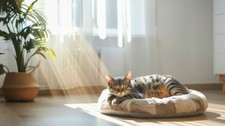 A serene cat napping in a sunbeam on a plush cat bed in a chic, minimalist living room with white walls and wooden floorsの素材