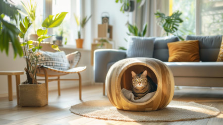 A serene cat sitting inside a beautifully designed wooden cat house placed in a bright, Scandinavian-style living roomの素材