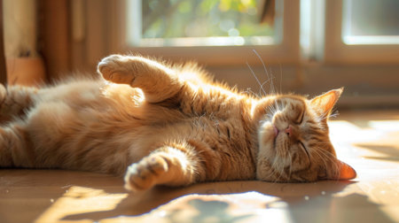 A smiling fat cat lying on its back, paws up, in a sunny spot on a wooden floor, looking completely relaxedの素材