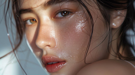 A portrait of a woman with dewy skin and subtle makeup, highlighting the beauty of a natural and youthful complexionの素材