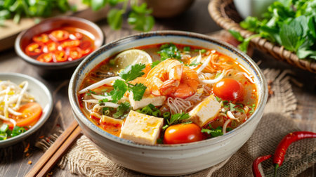 A steaming bowl of Vietnamese bun rieu with crab meat, tomatoes, tofu, and fresh herbs, served with a side of lime and chiliの素材