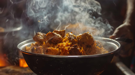 A steaming bowl of fragrant chicken biryani, layered with basmati rice, tender chicken pieces, and aromatic spicesの素材