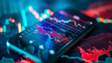 A smartphone displaying real-time stock market graphs and charts, illustrating the importance of staying informed in businessの素材