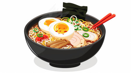 A steaming bowl of Japanese ramen with tender noodles, soft-boiled egg, sliced pork, seaweed, and scallions in a rich brothの素材