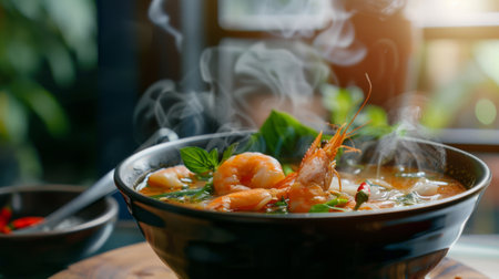 A steaming bowl of aromatic tom yum soup with shrimp, lemongrass, and Thai herbs, offering a spicy and tangy flavor profileの素材