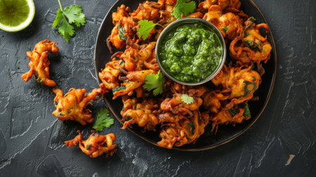 A tempting plate of crispy onion bhajis, or pakoras, served with mint chutney for a delightful Indian snack experienceの素材