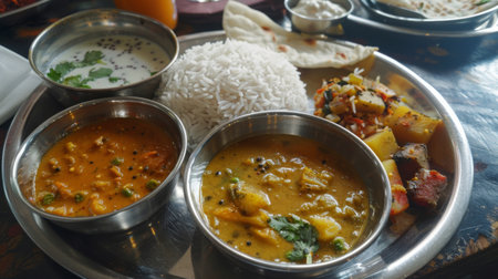 A traditional Indian thali meal with a variety of dishes including dal, rice, vegetable curry, yogurt, and papadumの素材