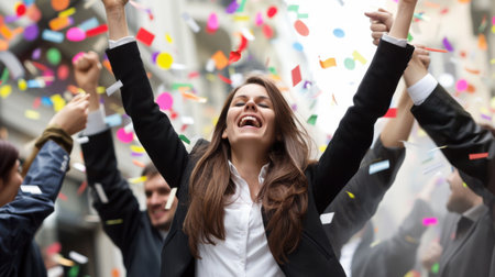A successful businesswoman celebrating a milestone achievement with her colleagues, exemplifying hard work and successの素材
