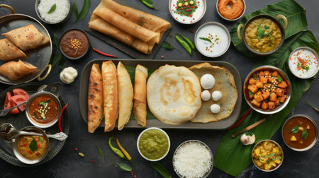 A traditional Indian breakfast spread with dishes like dosa, idli, sambar, and coconut chutney, perfect for starting the dayの素材