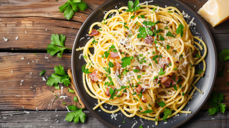 A vibrant plate of Italian spaghetti carbonara, garnished with fresh parsley and Parmesan cheese, set on a rustic wooden tableの素材