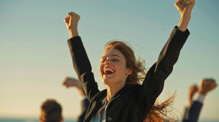 A successful businesswoman celebrating a milestone achievement with her colleagues, exemplifying hard work and successの素材