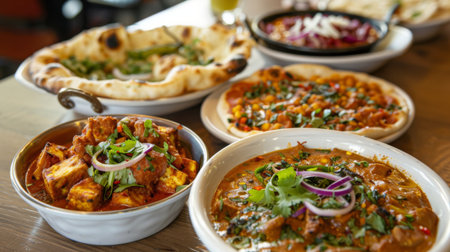 A tempting assortment of Indian vegetarian dishes like paneer tikka masala, aloo gobi, and chana masala, bursting with flavorの素材